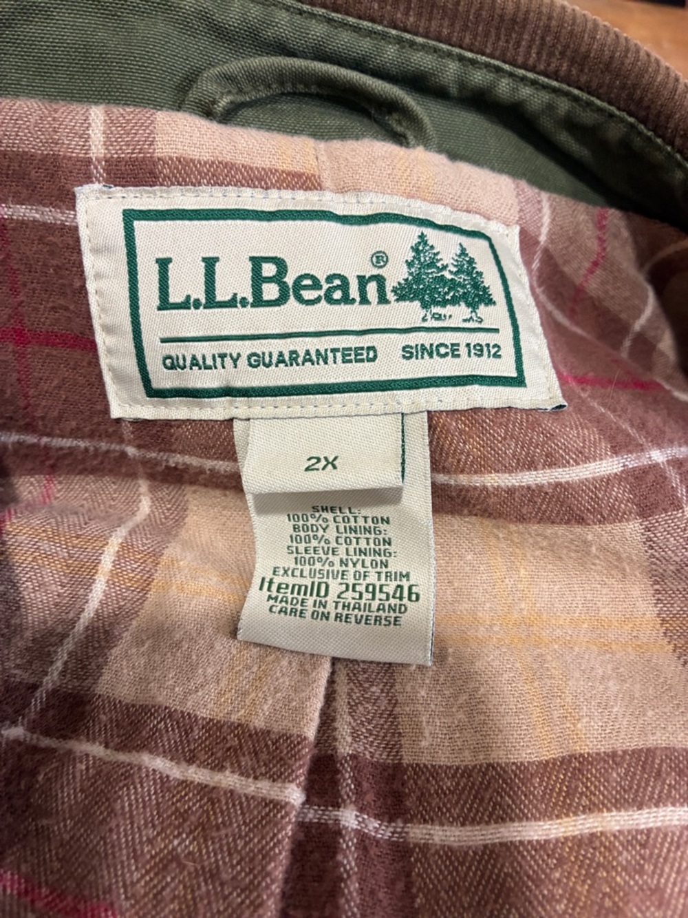 L.L. Bean Olive Green Utility Jacket with Brown Corduroy Collar - Picture 3 of 4